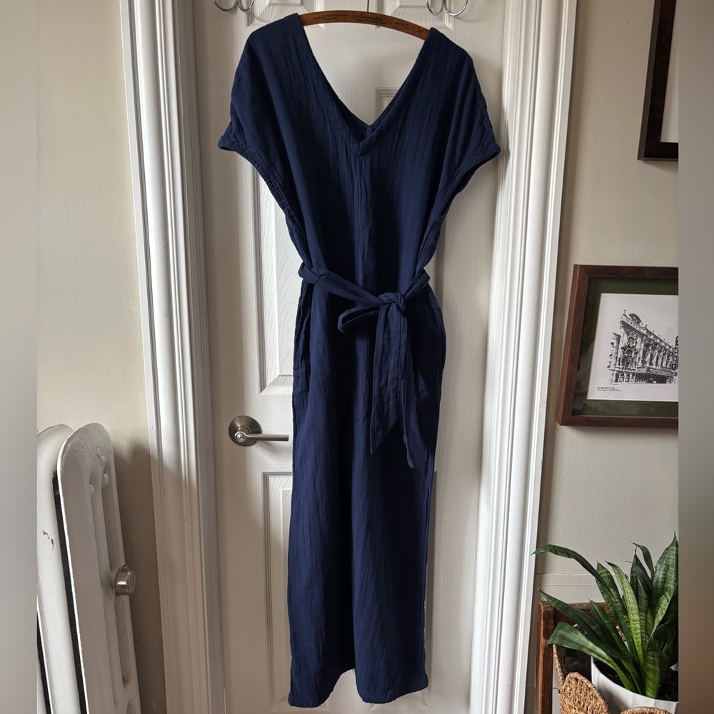 Pact Navy Blue V-Neck Lightweight Jumpsuit with Tie Waist